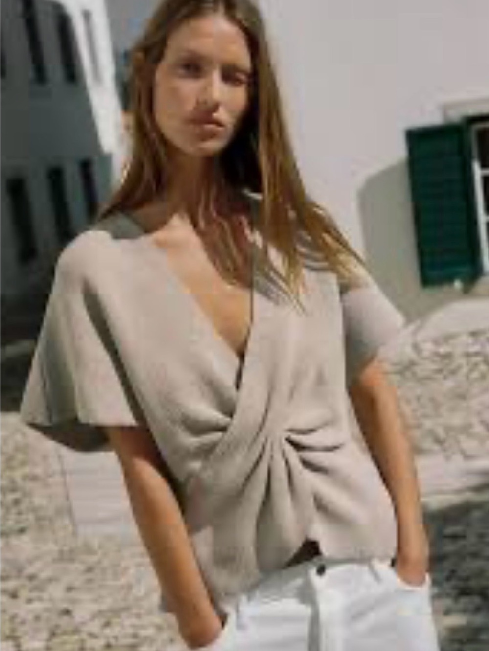 Zara Light Beige Knit Twist Front V-Neck Short Sleeve Top Size Small NWT